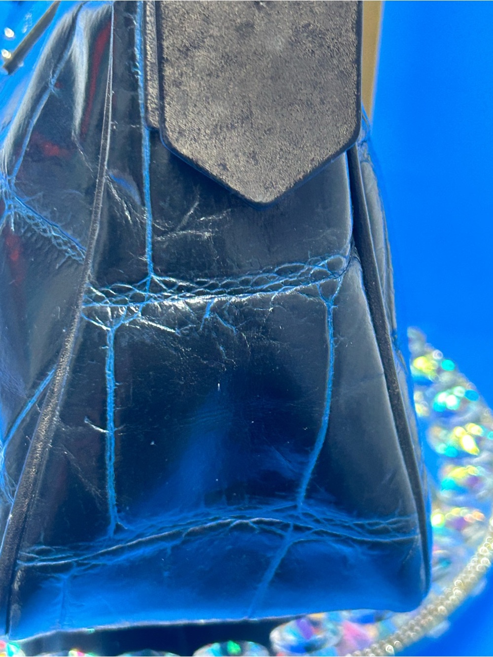 Dooney & Bourke Black w/Blue Croc-Embossed Accents Shoulder Bag Approx. 12x7x 4 - Picture 4 of 17
